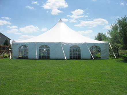 40-foot square pole tent with white canopy and windowed sidewalls