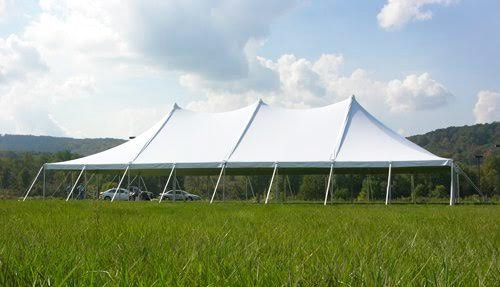 40-foot by 80-foot pole tent with white canopy