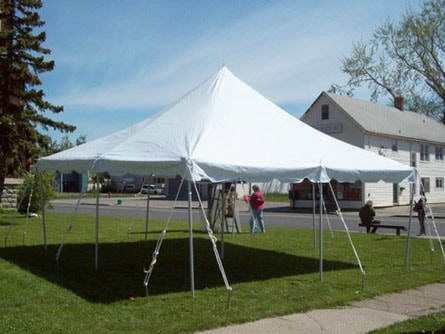 20-foot square pole tent with white canopy
